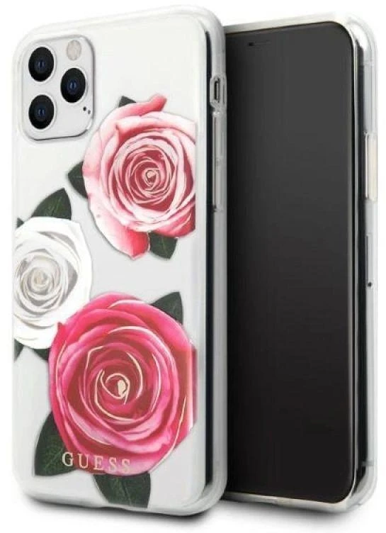 Guess GUHCN58ROSTRT Apple iPhone 11 Pro skaidrus kietas dėklas Flower Desire rožinės spalvos & baltos spalvos Rose