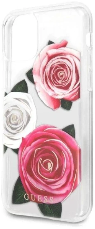 Guess GUHCN58ROSTRT Apple iPhone 11 Pro skaidrus kietas dėklas Flower Desire rožinės spalvos & baltos spalvos Rose