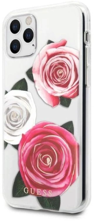 Guess GUHCN58ROSTRT Apple iPhone 11 Pro skaidrus kietas dėklas Flower Desire rožinės spalvos & baltos spalvos Rose