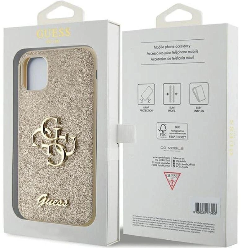 Guess GUHCN61HG4SGD Apple iPhone 11 / Xr 6.1″ auksinis kietas dėklas Glitter Script Big 4G