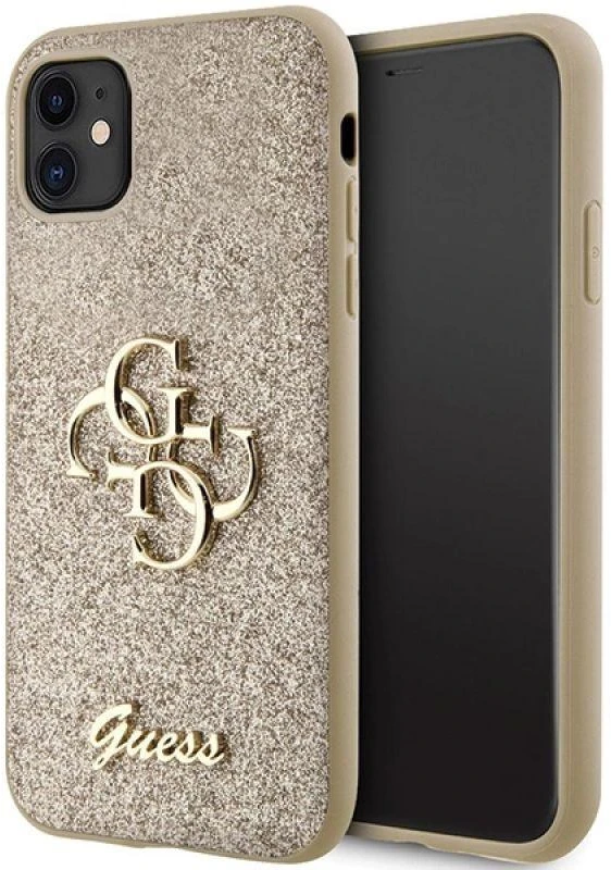 Guess GUHCN61HG4SGD Apple iPhone 11 / Xr 6.1″ auksinis kietas dėklas Glitter Script Big 4G
