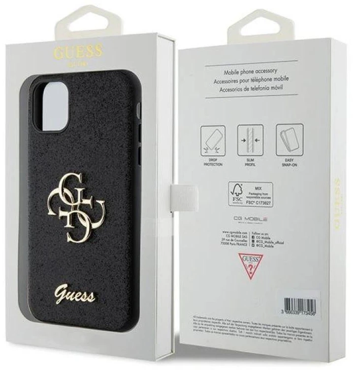 Guess GUHCN61HG4SGK Apple iPhone 11 / Xr 6.1″ juodos spalvos kietas dėklas Glitter Script Big 4G
