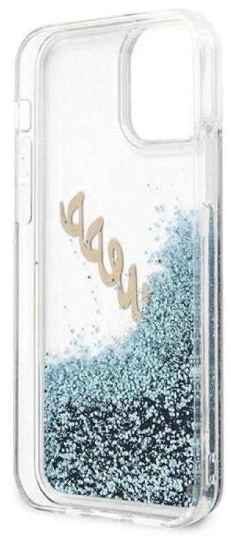 Guess GUHCP12LGLVSBL iPhone 12 Pro Max 6,7″ mėlynas kietas dėklas Glitter Vintage Script