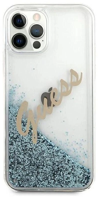 Guess GUHCP12LGLVSBL iPhone 12 Pro Max 6,7″ mėlynas kietas dėklas Glitter Vintage Script