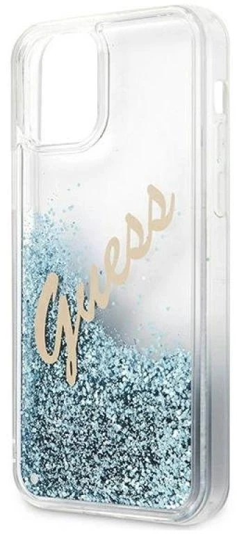 Guess GUHCP12LGLVSBL iPhone 12 Pro Max 6,7″ mėlynas kietas dėklas Glitter Vintage Script