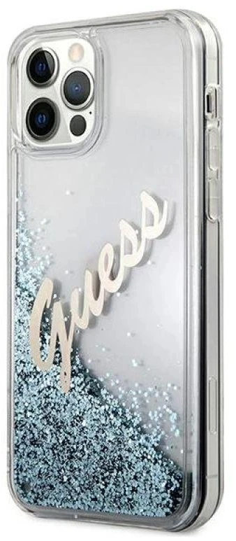 Guess GUHCP12LGLVSBL iPhone 12 Pro Max 6,7″ mėlynas kietas dėklas Glitter Vintage Script