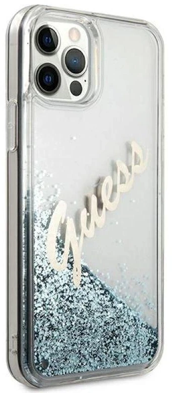 Guess GUHCP12LGLVSBL iPhone 12 Pro Max 6,7″ mėlynas kietas dėklas Glitter Vintage Script