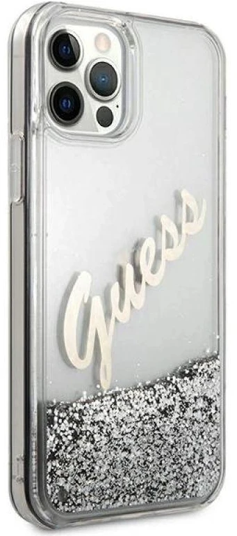 Guess GUHCP12LGLVSSI Apple iPhone 12 Pro Max 6,7″ sidabrinis kietas dėklas Glitter Vintage Script