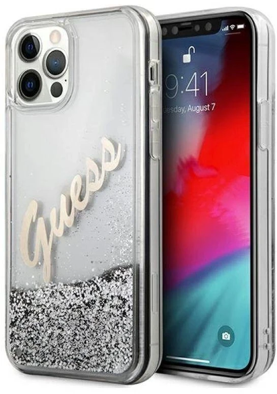 Guess GUHCP12LGLVSSI Apple iPhone 12 Pro Max 6,7″ sidabrinis kietas dėklas Glitter Vintage Script