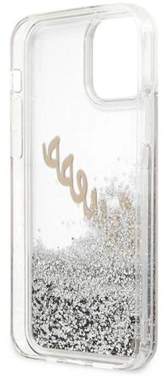 Guess GUHCP12LGLVSSI Apple iPhone 12 Pro Max 6,7″ sidabrinis kietas dėklas Glitter Vintage Script