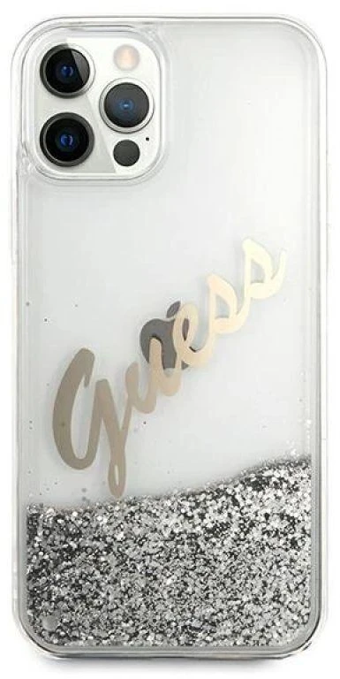 Guess GUHCP12LGLVSSI Apple iPhone 12 Pro Max 6,7″ sidabrinis kietas dėklas Glitter Vintage Script