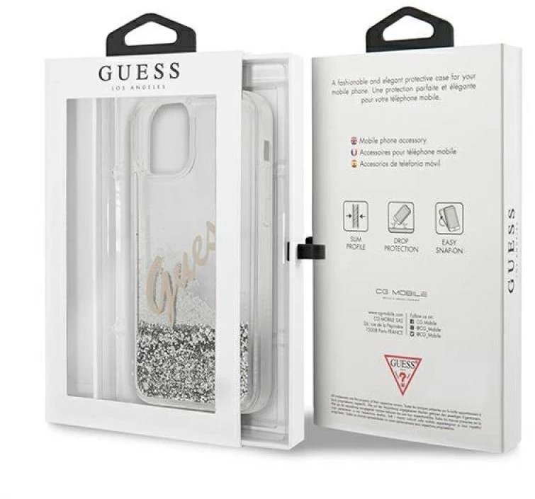 Guess GUHCP12LGLVSSI Apple iPhone 12 Pro Max 6,7″ sidabrinis kietas dėklas Glitter Vintage Script