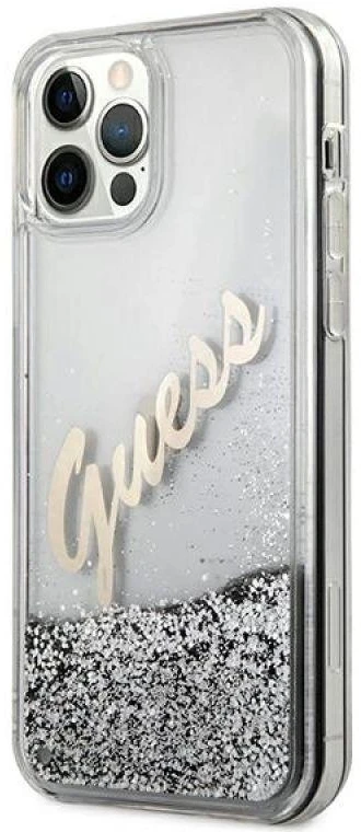 Guess GUHCP12LGLVSSI Apple iPhone 12 Pro Max 6,7″ sidabrinis kietas dėklas Glitter Vintage Script