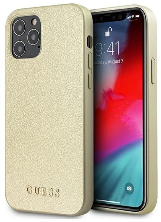 Guess GUHCP12LIGLGO Apple iPhone 12 Pro Max 6,7″ auksinis kietas dėklas Iridescent