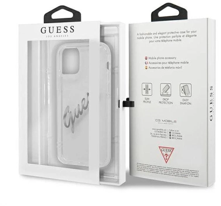 Guess GUHCP12LKTRSVSI iPhone 12 Pro Max 6.7" Skaidrus kietasis dėklas Vintažinis Sidabrinis Užrašas