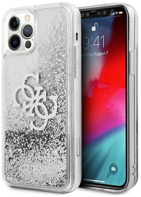 Guess GUHCP12LLG4GSI Apple iPhone 12 Pro Max 6,7″ sidabrinis kietas dėklas 4G Big Liquid Glitter