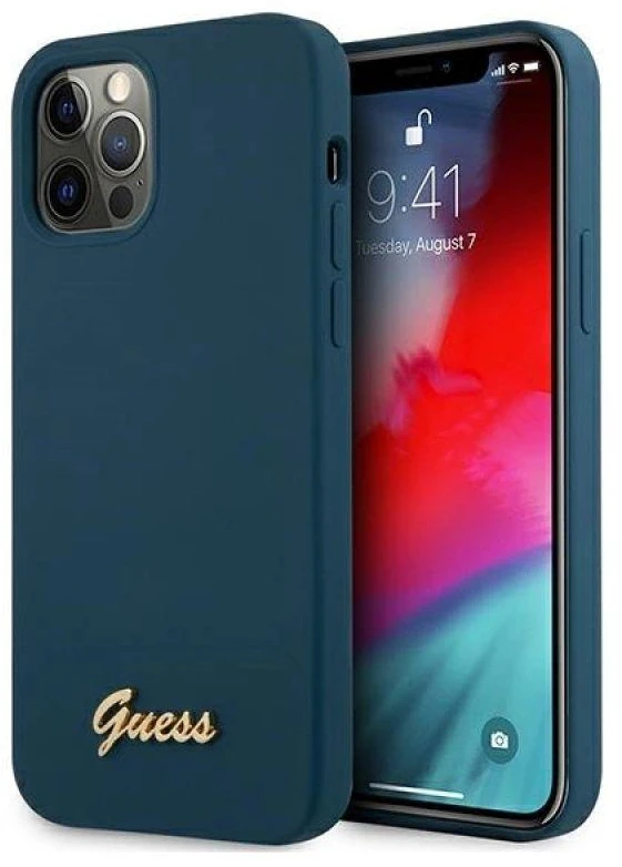 Guess GUHCP12LLSLMGBL iPhone 12 Pro Max 6,7″ mėlynas kietas dėklas Metal Logo Script