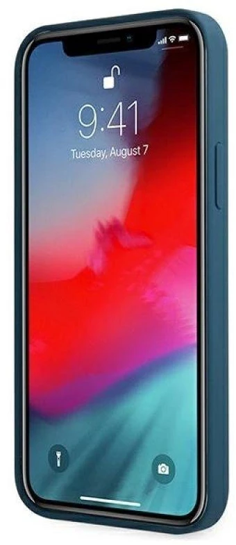 Guess GUHCP12LLSLMGBL Apple iPhone 12 Pro Max 6,7" mėlynas kietas dėklas metalinis logotipas užrašas