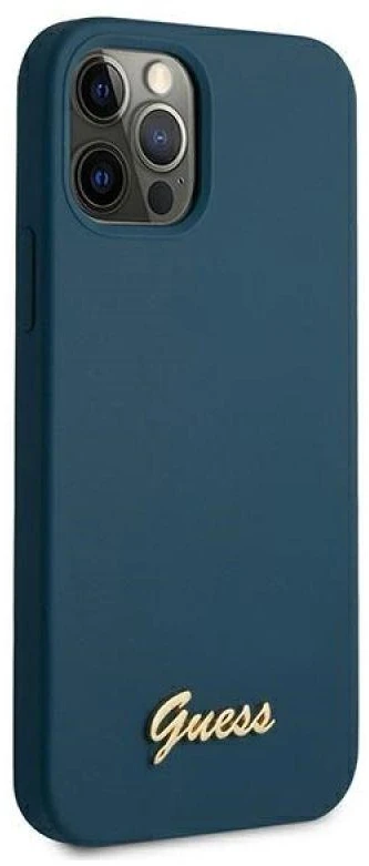 Guess GUHCP12LLSLMGBL Apple iPhone 12 Pro Max 6,7" mėlynas kietas dėklas metalinis logotipas užrašas