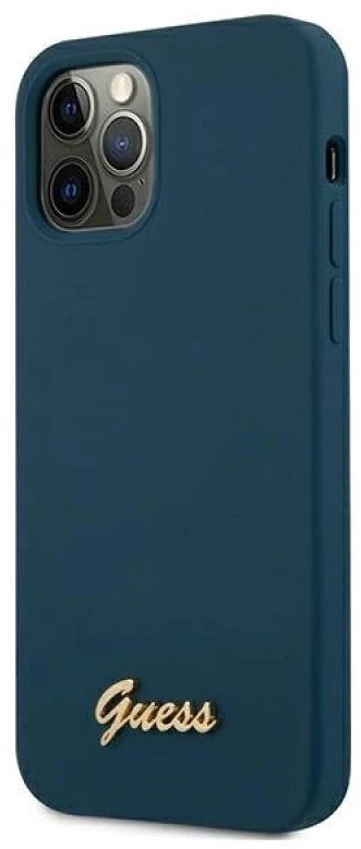 Guess GUHCP12LLSLMGBL Apple iPhone 12 Pro Max 6,7" mėlynas kietas dėklas metalinis logotipas užrašas