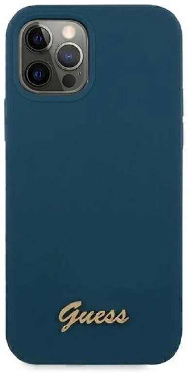 Guess GUHCP12LLSLMGBL iPhone 12 Pro Max 6,7″ mėlynas kietas dėklas Metal Logo Script