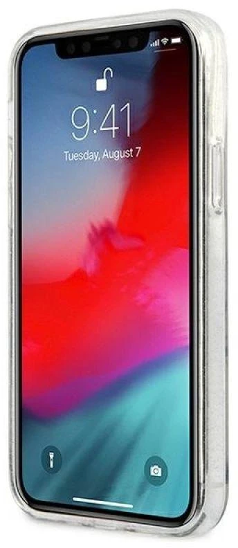 Guess GUHCP12LPCUGL4GTR Apple iPhone 12 Pro Max 6,7″ skaidrus kietas dėklas Glitter 4G Big Logo