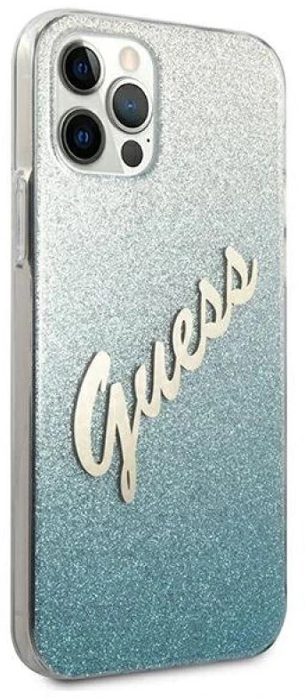 Guess GUHCP12LPCUGLSBL Apple iPhone 12 Pro Max 6,7″ mėlynas kietas dėklas Glitter Gradient Script