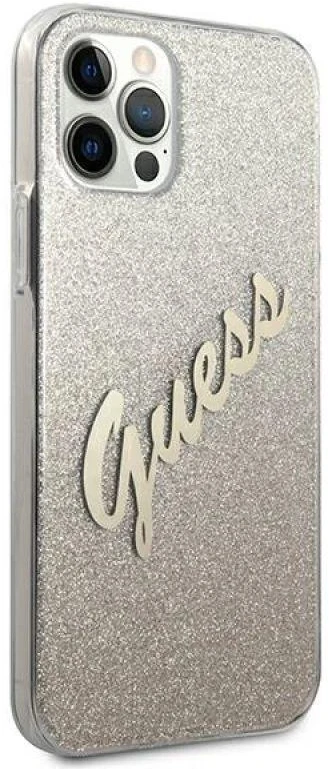 Dėklas GUESS GLITTER GRADIENT SCRIPT IPHONE 12 PRO MAX GOLD