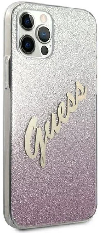 Guess GUHCP12LPCUGLSPI Apple iPhone 12 Pro Max 6,7″ rožinės spalvos kietas dėklas Glitter Gradient Script