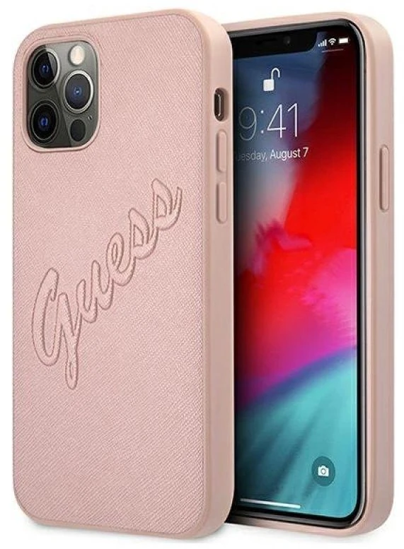 GUESS GUHCP12LRSAVSRG KIETUS DĖKLAS SAFFIANO VINTAGE IPHONE 12 PRO MAX Rožinis