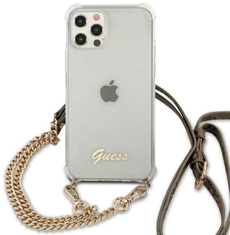 Apple iPhone 12 / 12 Pro Guess dėklas 4G Gold Chain (GUHCP12MKC4GSGO) skaidrus
