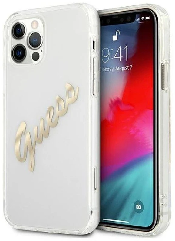Guess GUHCP12MKTRSVGO Apple iPhone 12/12 Pro 6,1″ skaidrus kietas dėklas Vintage Script Gold
