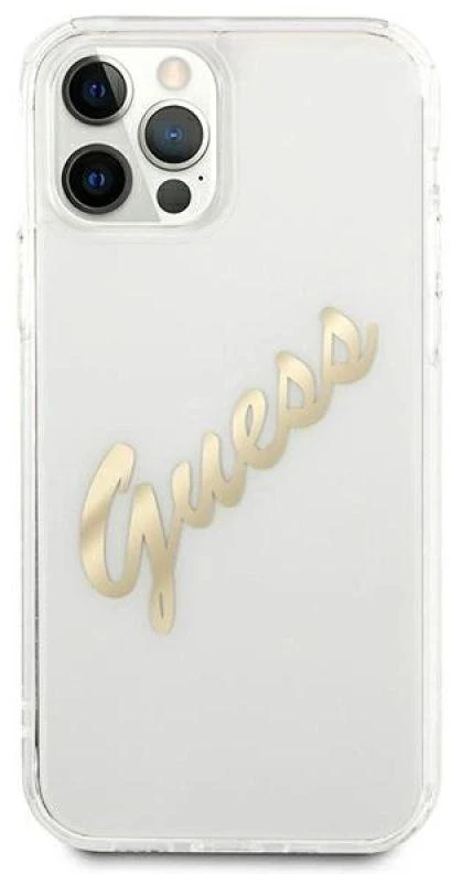 Guess GUHCP12MKTRSVGO Apple iPhone 12/12 Pro 6,1″ skaidrus kietas dėklas Vintage Script Gold