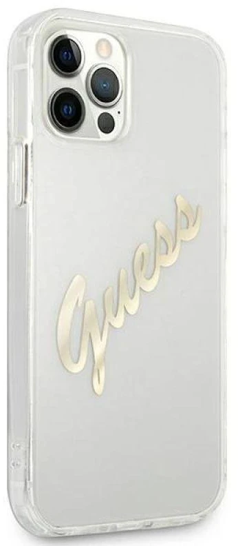 Guess GUHCP12MKTRSVGO Apple iPhone 12/12 Pro 6,1″ skaidrus kietas dėklas Vintage Script Gold