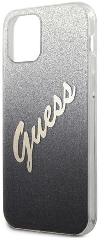 Guess dėklas, skirtas iPhone 12 / 12 Pro 6,1 GUHCP12MPCUGLSBK juodas kietas dėklas, skirtas Glitter Gradient Script