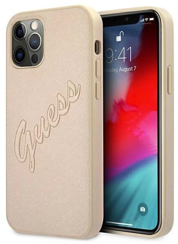 Guess GUHCP12MRSAVSLG Apple iPhone 12/12 Pro 6,1″ auksinis kietas dėklas Saffiano Vintage Script