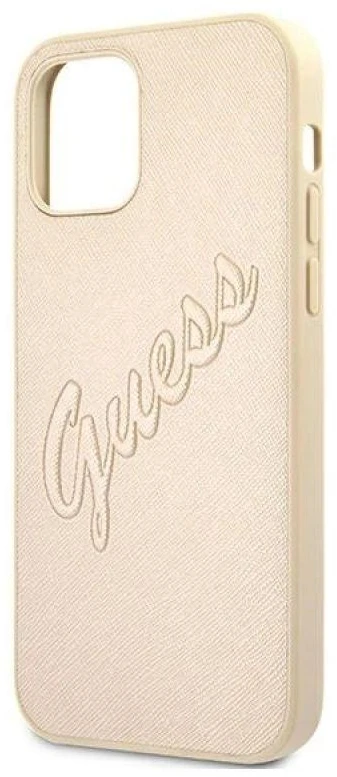 Guess GUHCP12MRSAVSLG Apple iPhone 12/12 Pro 6,1″ auksinis kietas dėklas Saffiano Vintage Script