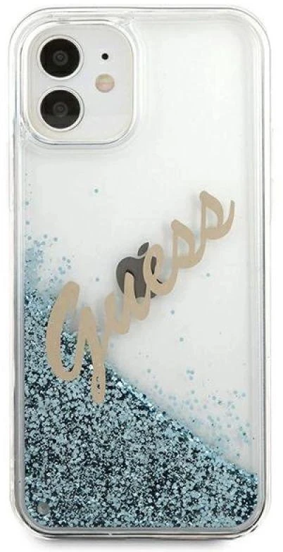 Guess GUHCP12SGLVSBL Apple iPhone 12 mini 5,4″ mėlynas kietas dėklas Glitter Vintage Script