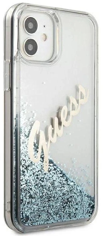 Guess GUHCP12SGLVSBL Apple iPhone 12 mini 5,4″ mėlynas kietas dėklas Glitter Vintage Script