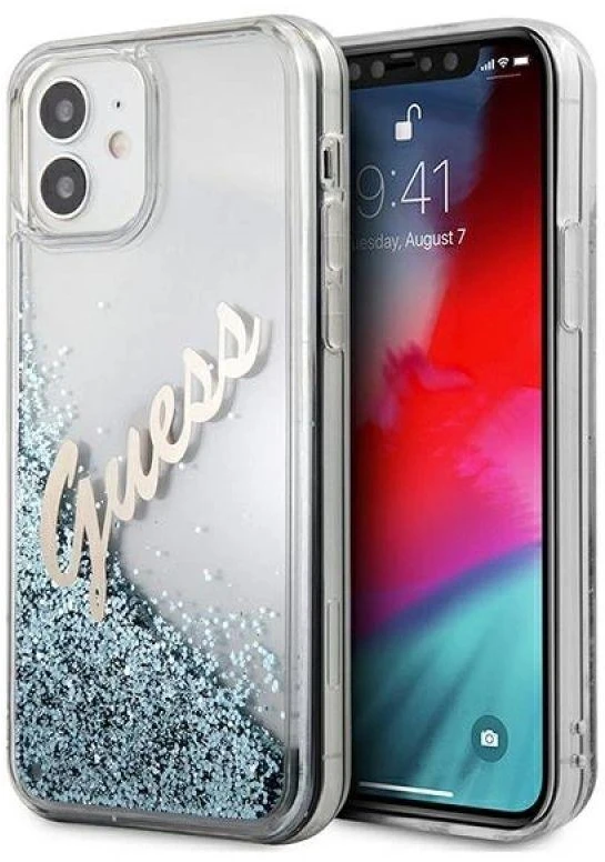 Guess GUHCP12SGLVSBL Apple iPhone 12 mini 5,4″ mėlynas kietas dėklas Glitter Vintage Script