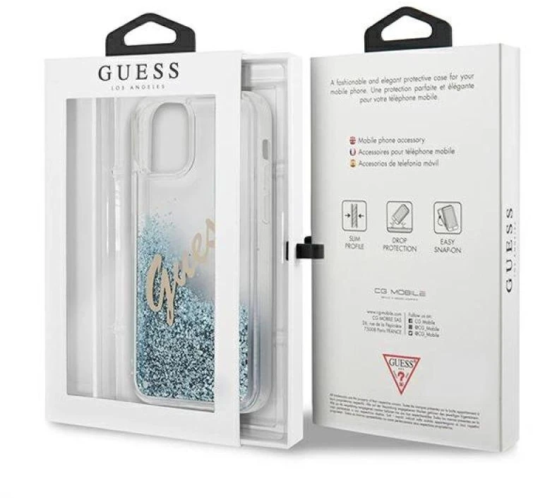 Guess GUHCP12SGLVSBL Apple iPhone 12 mini 5,4″ mėlynas kietas dėklas Glitter Vintage Script