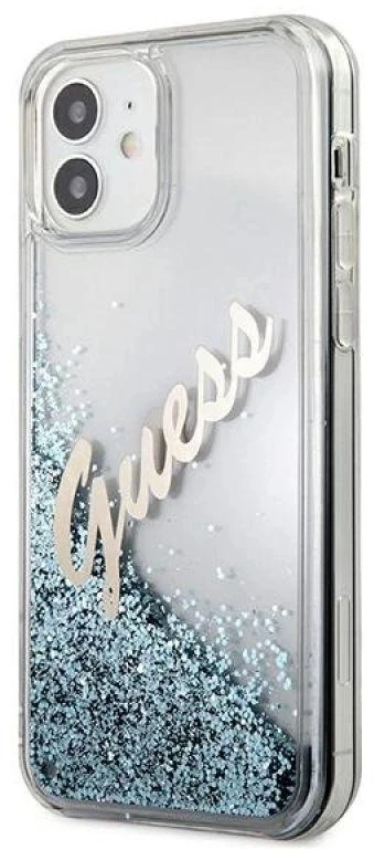 Guess GUHCP12SGLVSBL Apple iPhone 12 mini 5,4″ mėlynas kietas dėklas Glitter Vintage Script