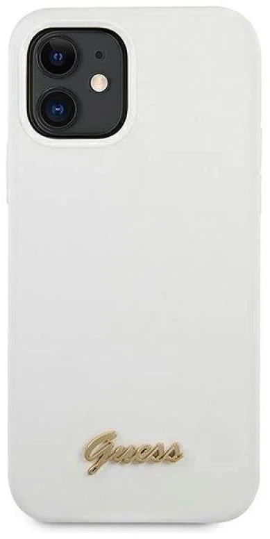 Guess GUHCP12SLSLMGWH Apple iPhone 12 mini 5,4″ baltos spalvos kietas dėklas Metal Logo Script