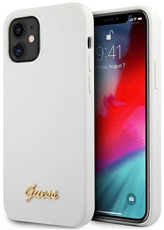 Guess GUHCP12SLSLMGWH Apple iPhone 12 mini 5,4″ baltos spalvos kietas dėklas Metal Logo Script
