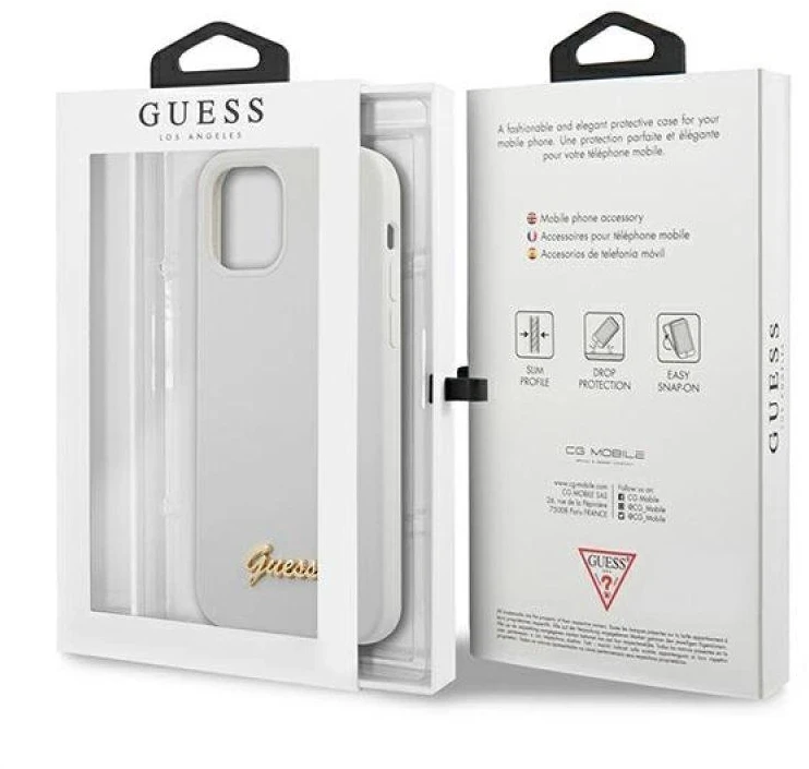 Guess GUHCP12SLSLMGWH Apple iPhone 12 mini 5,4″ baltos spalvos kietas dėklas Metal Logo Script