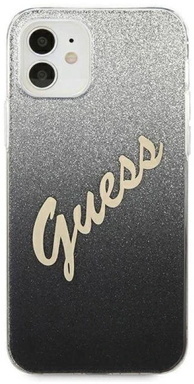 Guess GUHCP12SPCUGLSBK Apple iPhone 12 mini 5,4″ juodos spalvos kietas dėklas Glitter Gradient Script