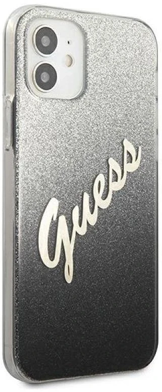 Guess GUHCP12SPCUGLSBK Apple iPhone 12 mini 5,4″ juodos spalvos kietas dėklas Glitter Gradient Script