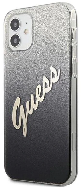 Guess GUHCP12SPCUGLSBK Apple iPhone 12 mini 5,4″ juodos spalvos kietas dėklas Glitter Gradient Script