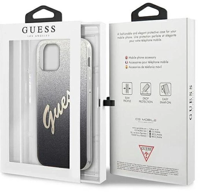 Guess GUHCP12SPCUGLSBK Apple iPhone 12 mini 5,4″ juodos spalvos kietas dėklas Glitter Gradient Script