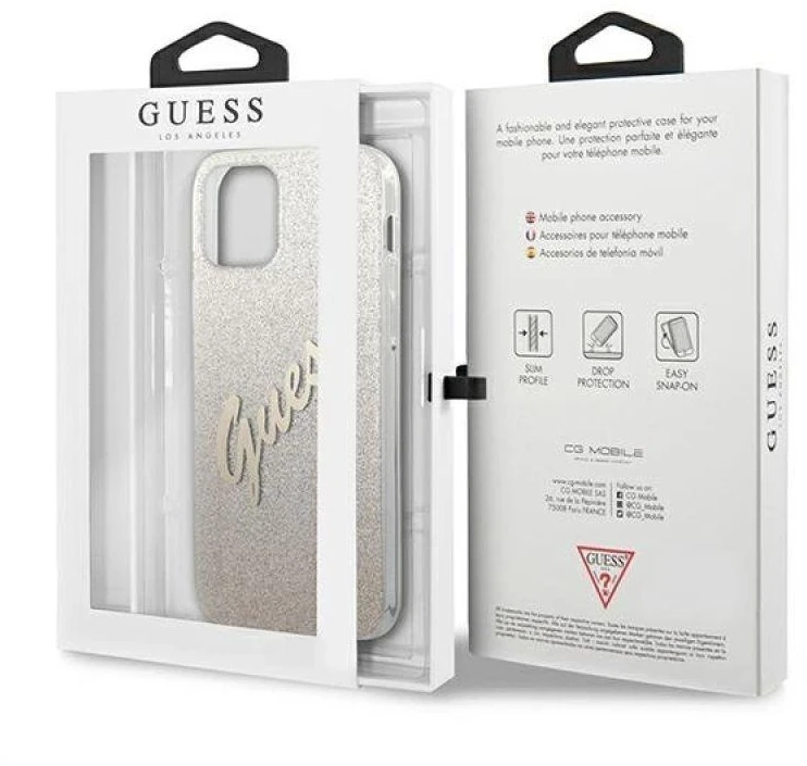 Dėklas GUESS GLITTER GRADIENT SCRIPT IPHONE 12 MINI GOLD